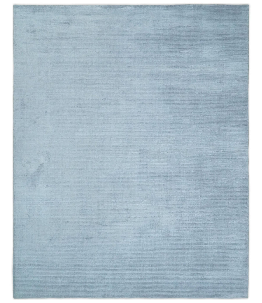 8x10 Solid Plain Blue, Silver Hand Loomed Modern Scandinavian Art Silk Loop Cut Area Rug | AE17810 - The Rug Decor