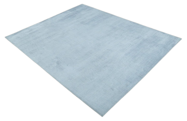 8x10 Solid Plain Blue, Silver Hand Loomed Modern Scandinavian Art Silk Loop Cut Area Rug | AE17810 - The Rug Decor