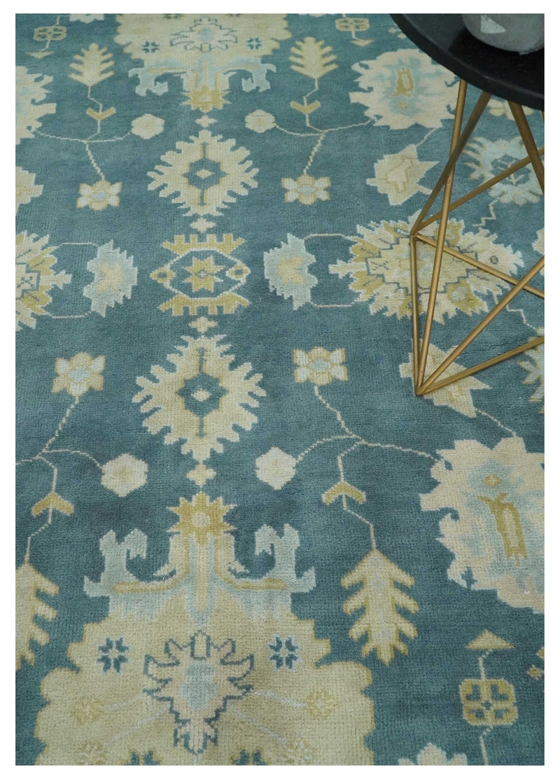 8x10 Teal and Beige Hand Knotted Heriz Serapi Floral Area Rug | TRDCP1185810 - The Rug Decor