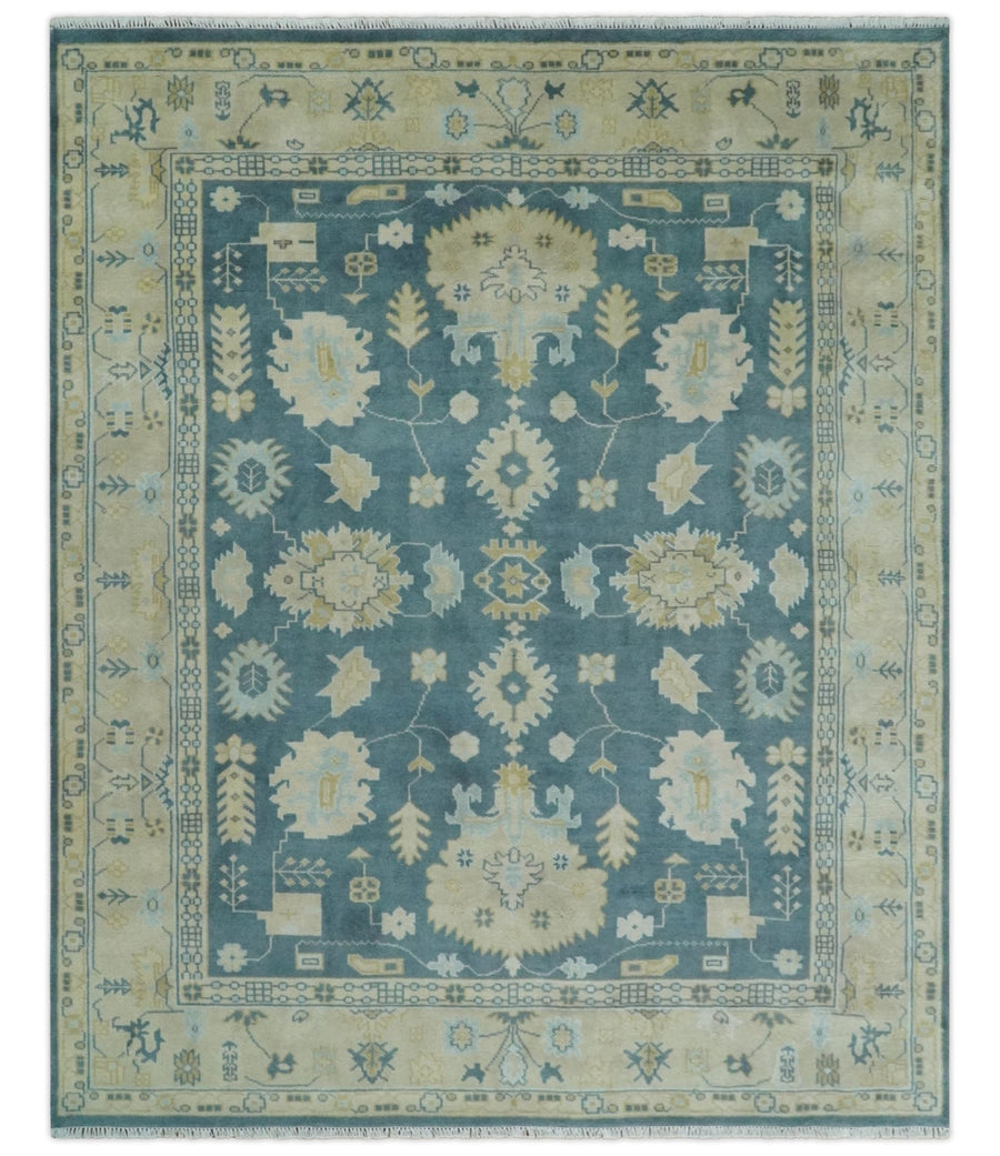 8x10 Teal and Beige Hand Knotted Heriz Serapi Floral Area Rug | TRDCP1185810 - The Rug Decor