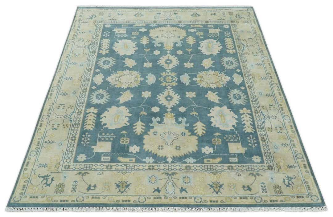 8x10 Teal and Beige Hand Knotted Heriz Serapi Floral Area Rug | TRDCP1185810 - The Rug Decor