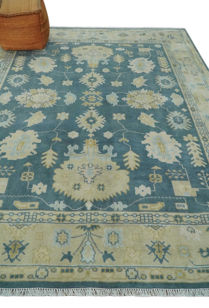 8x10 Teal and Beige Hand Knotted Heriz Serapi Floral Area Rug | TRDCP1185810 - The Rug Decor