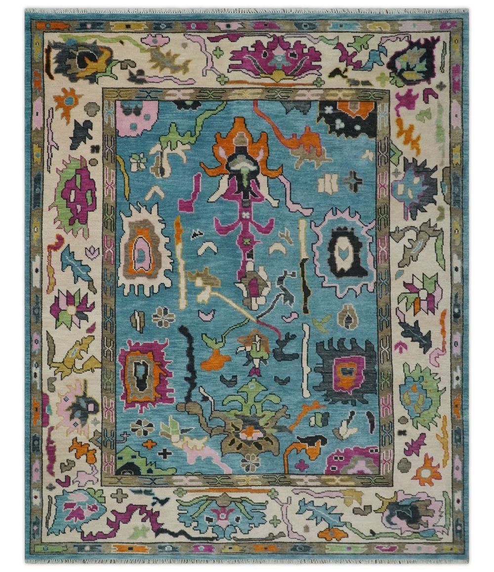 8x10 Traditional Blue and Ivory Vibrant colorful Hand knotted oushak wool area rug - The Rug Decor