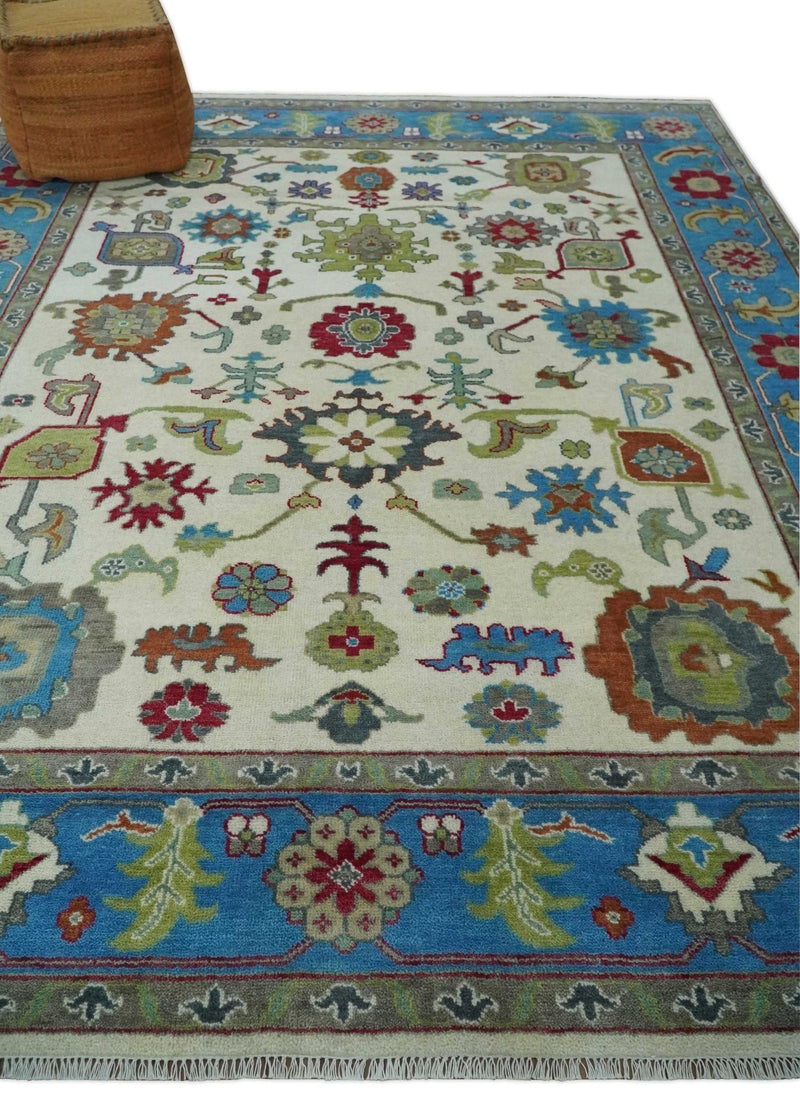 8x10 Traditional Ivory and Blue Colorful Hand knotted Oushak Wool Area Rug - The Rug Decor