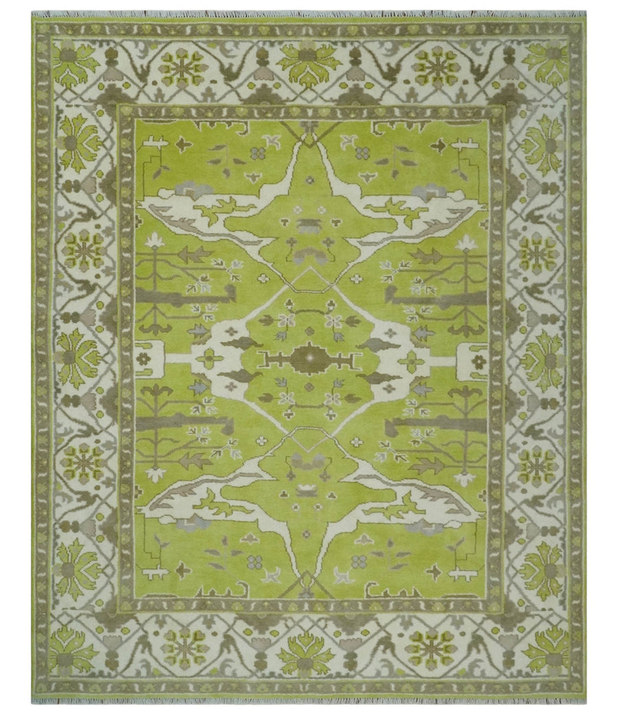 8x10 Traditional Light Green, Ivory and Charcoal Antique Style Hand knotted Wool Area Rug - The Rug Decor