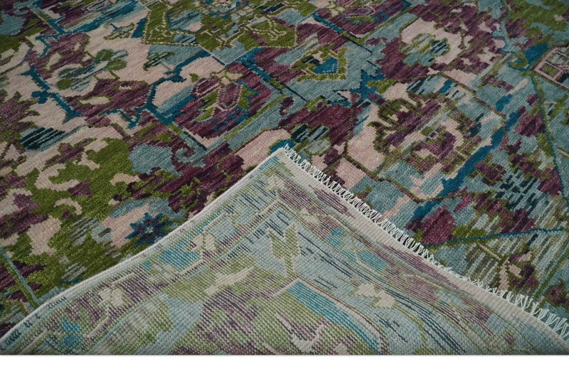 8x10 Transitional Green, Aqua, Peach and purple wool Area Rug - The Rug Decor