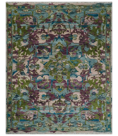 8x10 Transitional Green, Aqua, Peach and purple wool Area Rug - The Rug Decor