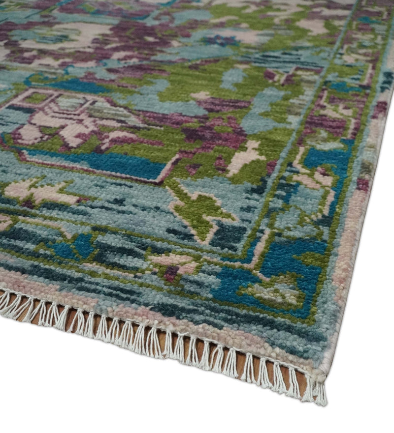 8x10 Transitional Green, Aqua, Peach and purple wool Area Rug - The Rug Decor