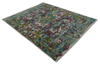 8x10 Transitional Green, Aqua, Peach and purple wool Area Rug - The Rug Decor