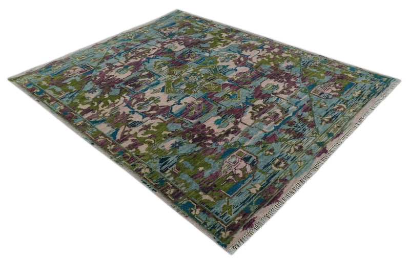 8x10 Transitional Green, Aqua, Peach and purple wool Area Rug - The Rug Decor