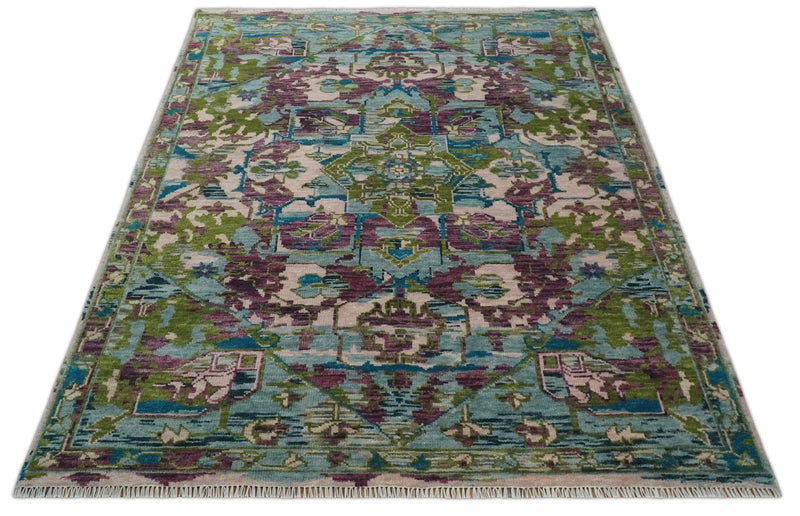 8x10 Transitional Green, Aqua, Peach and purple wool Area Rug - The Rug Decor
