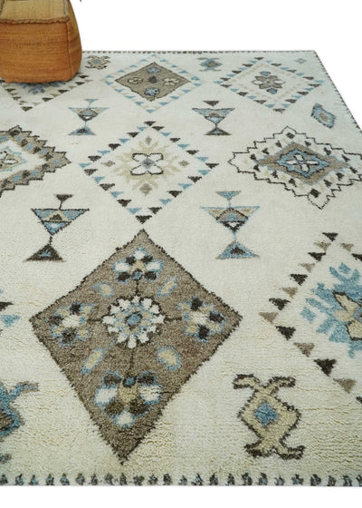 8x10 Tribal Design Ivory, Brown and Blue Traditional Hand Knotted Wool Area Rug - The Rug Decor