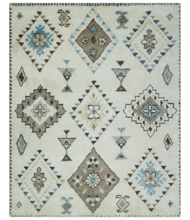 8x10 Tribal Design Ivory, Brown and Blue Traditional Hand Knotted Wool Area Rug - The Rug Decor