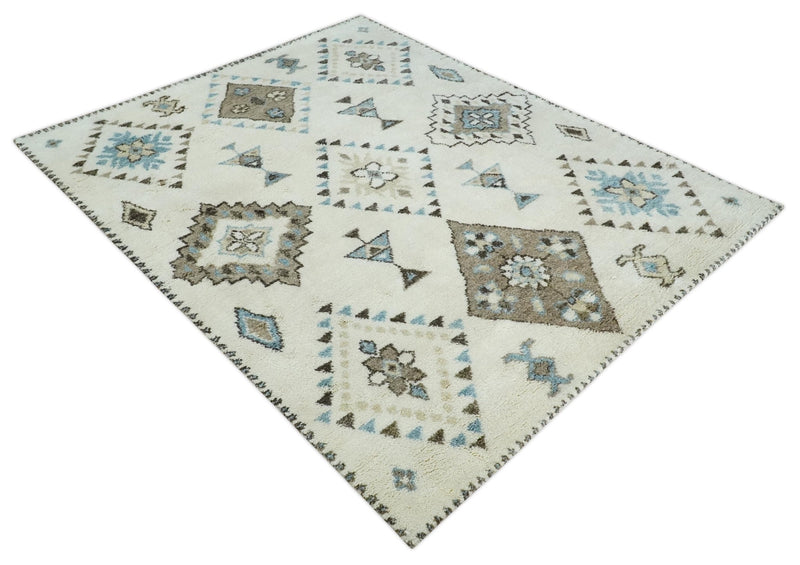 8x10 Tribal Design Ivory, Brown and Blue Traditional Hand Knotted Wool Area Rug - The Rug Decor