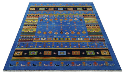 8x10 Tribal Gabbeh Blue, Black, Green and Rust Hand knotted Traditional Wool Area Rug - The Rug Decor