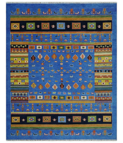 8x10 Tribal Gabbeh Blue, Black, Green and Rust Hand knotted Traditional Wool Area Rug - The Rug Decor