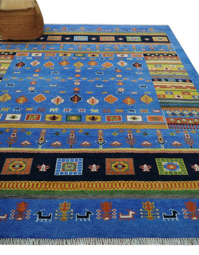 8x10 Tribal Gabbeh Blue, Black, Green and Rust Hand knotted Traditional Wool Area Rug - The Rug Decor