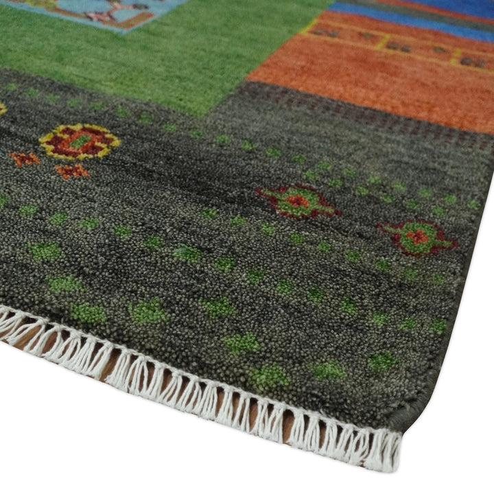 8x10 Tribal Gabbeh Green, Rust, Blue and Gold Hand knotted Traditional Wool Area Rug - The Rug Decor