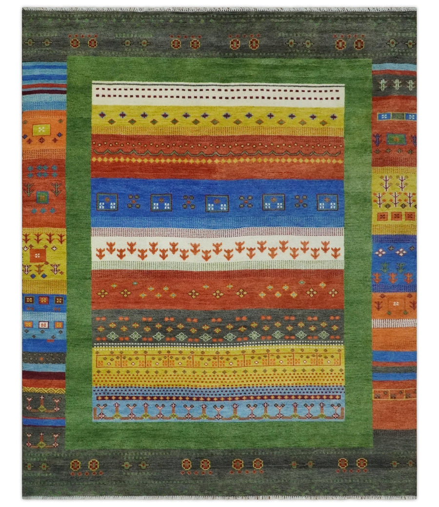 8x10 Tribal Gabbeh Green, Rust, Blue and Gold Hand knotted Traditional Wool Area Rug - The Rug Decor