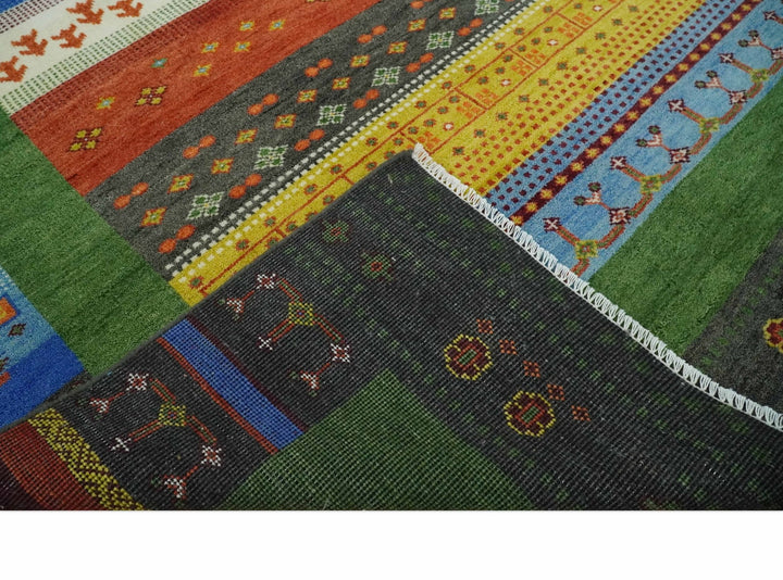 8x10 Tribal Gabbeh Green, Rust, Blue and Gold Hand knotted Traditional Wool Area Rug - The Rug Decor