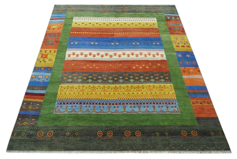 8x10 Tribal Gabbeh Green, Rust, Blue and Gold Hand knotted Traditional Wool Area Rug - The Rug Decor
