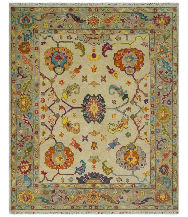 8x10 Vintage Style Natural Beige Colorful Hand knotted Traditional Oushak wool Rug - The Rug Decor