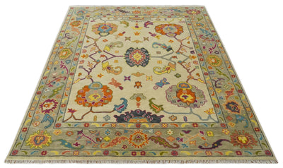8x10 Vintage Style Natural Beige Colorful Hand knotted Traditional Oushak wool Rug - The Rug Decor