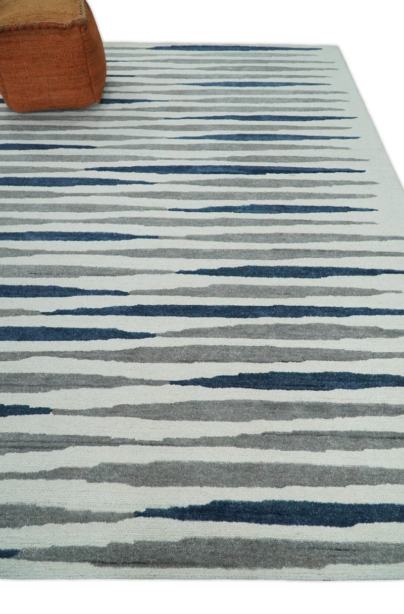 8x10 White, Blue and Camel Hand Tufted Modern Scandinavian Stripe Wool Area Rug | YUK3 - The Rug Decor
