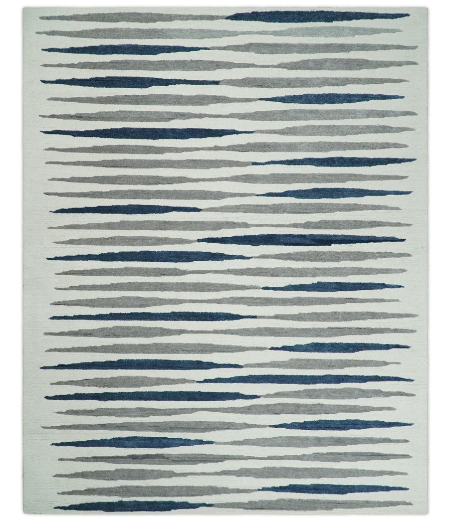 8x10 White, Blue and Camel Hand Tufted Modern Scandinavian Stripe Wool Area Rug | YUK3 - The Rug Decor