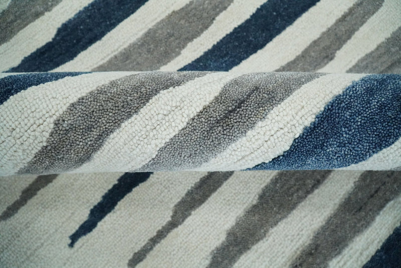 8x10 White, Blue and Camel Hand Tufted Modern Scandinavian Stripe Wool Area Rug | YUK3 - The Rug Decor