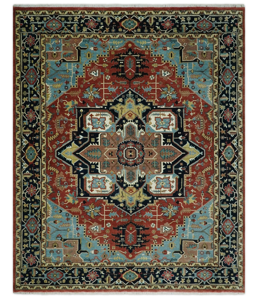 8x10 Wool Hand Knotted Heriz Serapi Brown, Black, Rust and Teal Area Rug | TRDCP1051810 - The Rug Decor