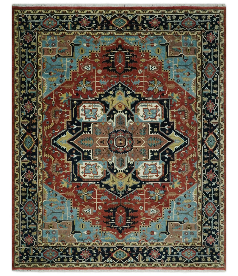 8x10 Wool Hand Knotted Heriz Serapi Brown, Black, Rust and Teal Area Rug | TRDCP1051810 - The Rug Decor