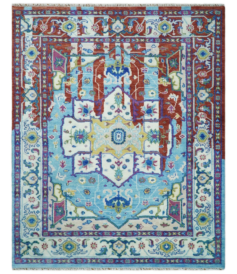 8x10 Wool Persian Blue and Red Abstract Vibrant Colorful Hand knotted Heriz Serapi Area Rug | TRDCP306810 - The Rug Decor