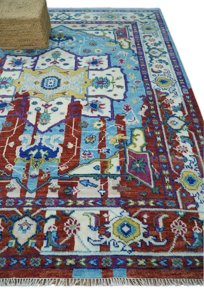 8x10 Wool Persian Blue and Red Abstract Vibrant Colorful Hand knotted Heriz Serapi Area Rug | TRDCP306810 - The Rug Decor