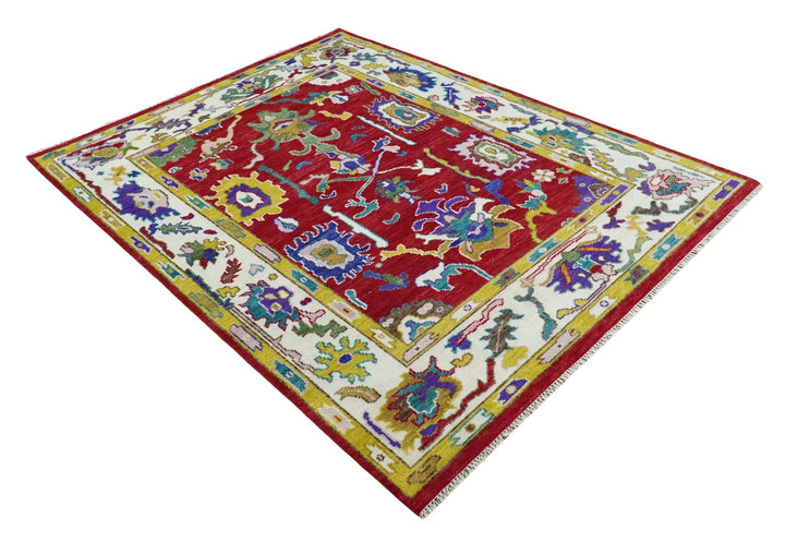 8x10 Wool Red and White Colorful Traditional Oushak Eclectic Hand knotted Bohemian Area Rug | TRDCP319810 - The Rug Decor