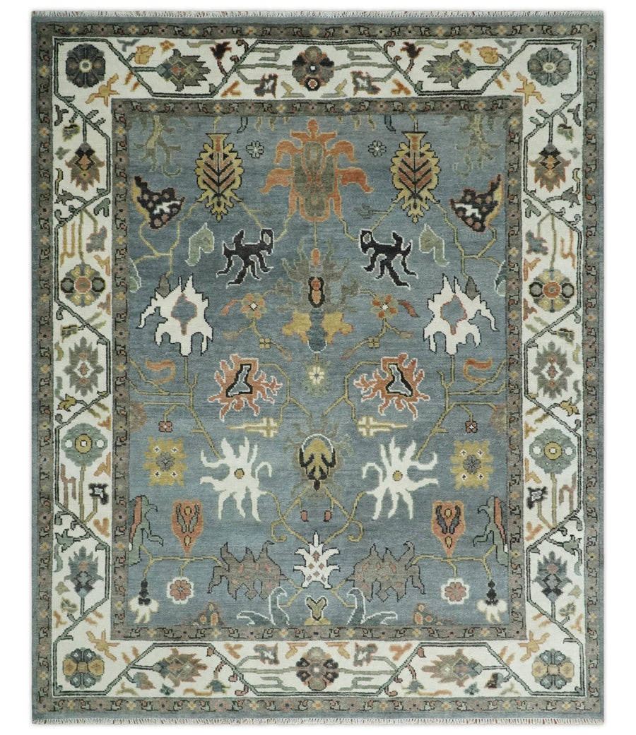 8x10 Wool Traditional Gray, Ivory and Gray Vibrant Colorful Hand knotted Oushak Area Rug | TRDCP1304810 - The Rug Decor