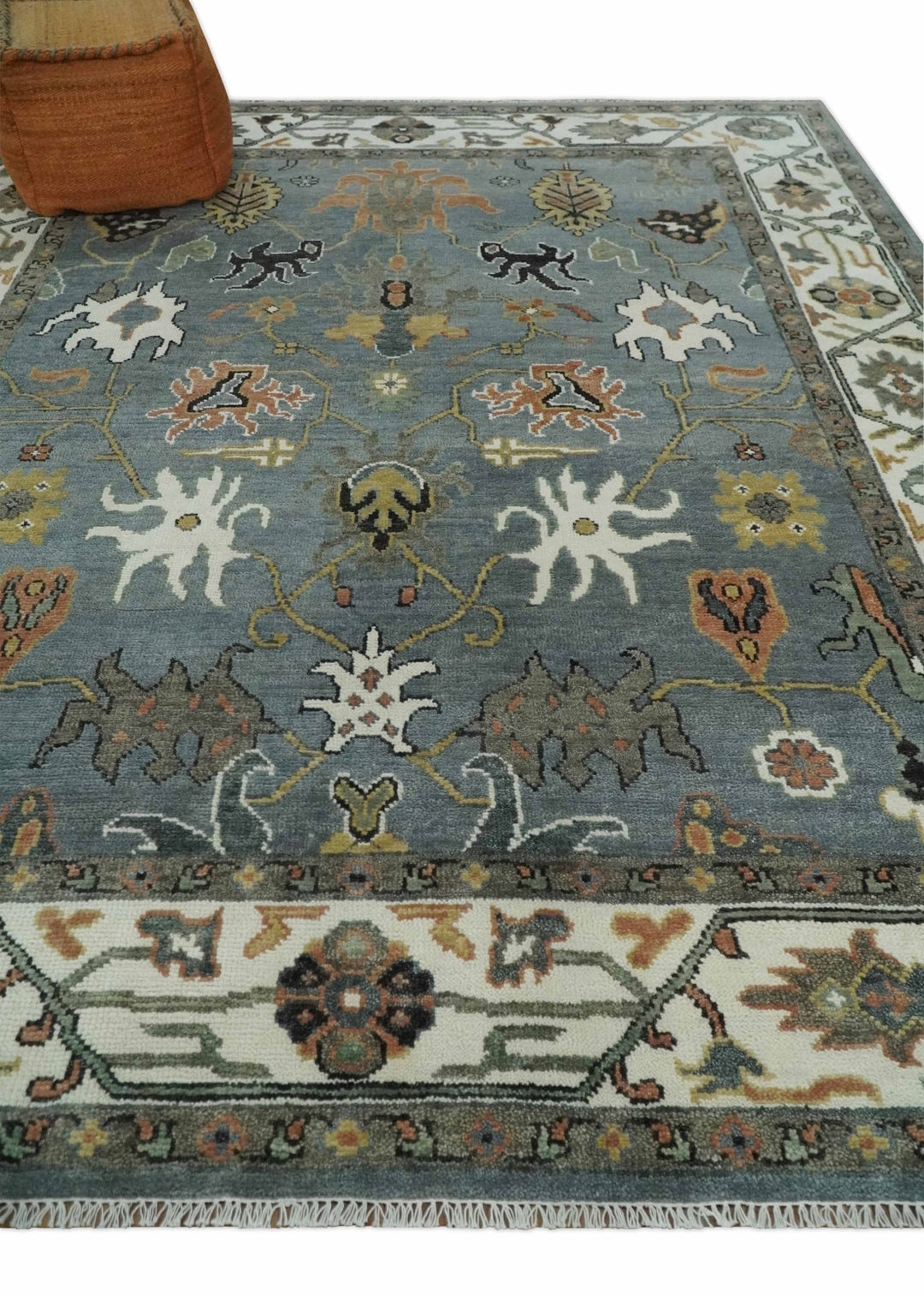 8x10 Wool Traditional Gray, Ivory and Gray Vibrant Colorful Hand knotted Oushak Area Rug | TRDCP1304810 - The Rug Decor