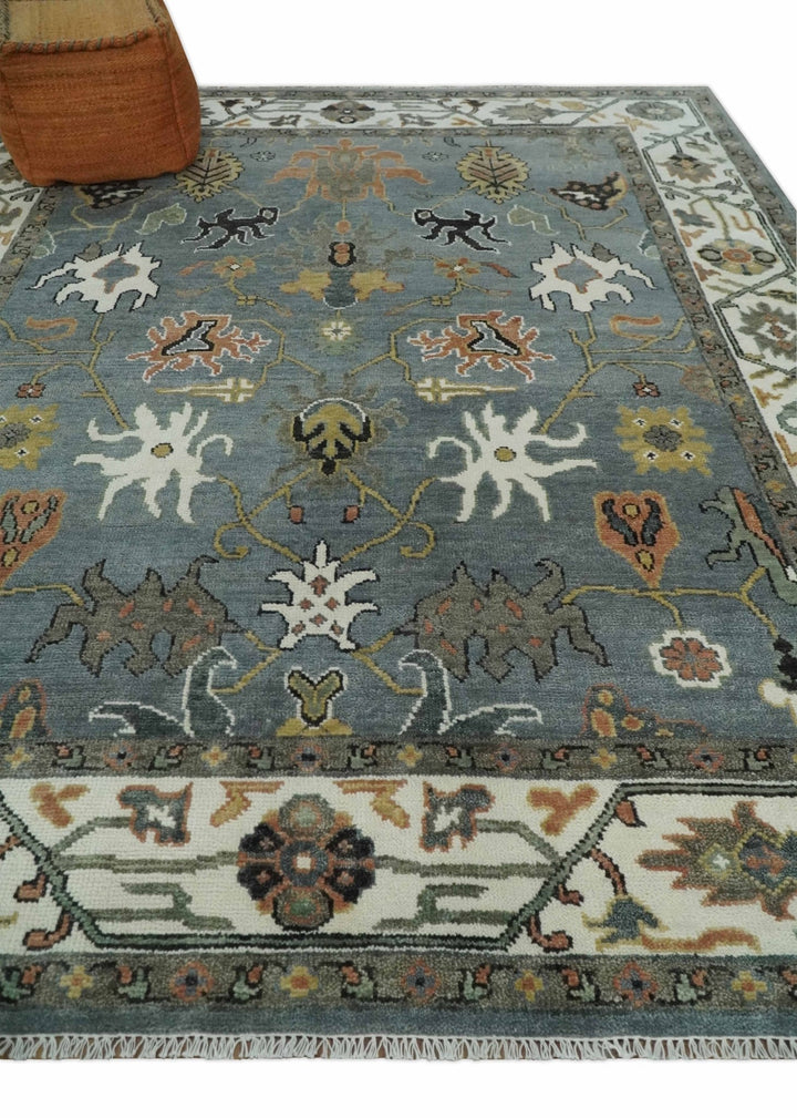 8x10 Wool Traditional Gray, Ivory and Gray Vibrant Colorful Hand knotted Oushak Area Rug | TRDCP1304810 - The Rug Decor