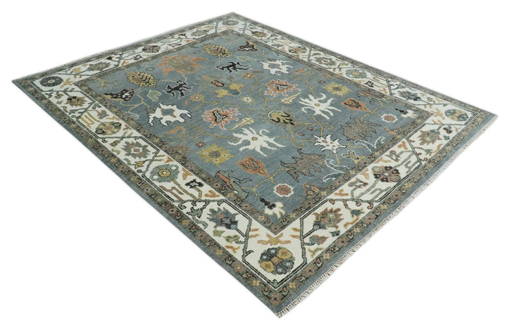 8x10 Wool Traditional Gray, Ivory and Gray Vibrant Colorful Hand knotted Oushak Area Rug | TRDCP1304810 - The Rug Decor
