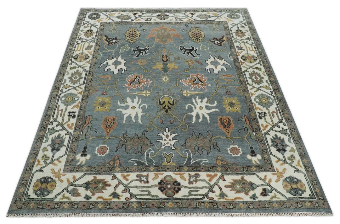 8x10 Wool Traditional Gray, Ivory and Gray Vibrant Colorful Hand knotted Oushak Area Rug | TRDCP1304810 - The Rug Decor