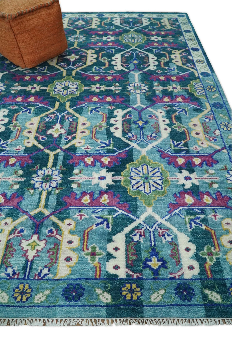 8x10 Wool Traditional Persian Blue and Green Vibrant Colorful Hand knotted Oushak Area Rug | TRDCP301810 - The Rug Decor