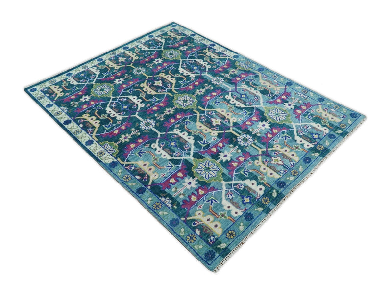 8x10 Wool Traditional Persian Blue and Green Vibrant Colorful Hand knotted Oushak Area Rug | TRDCP301810 - The Rug Decor