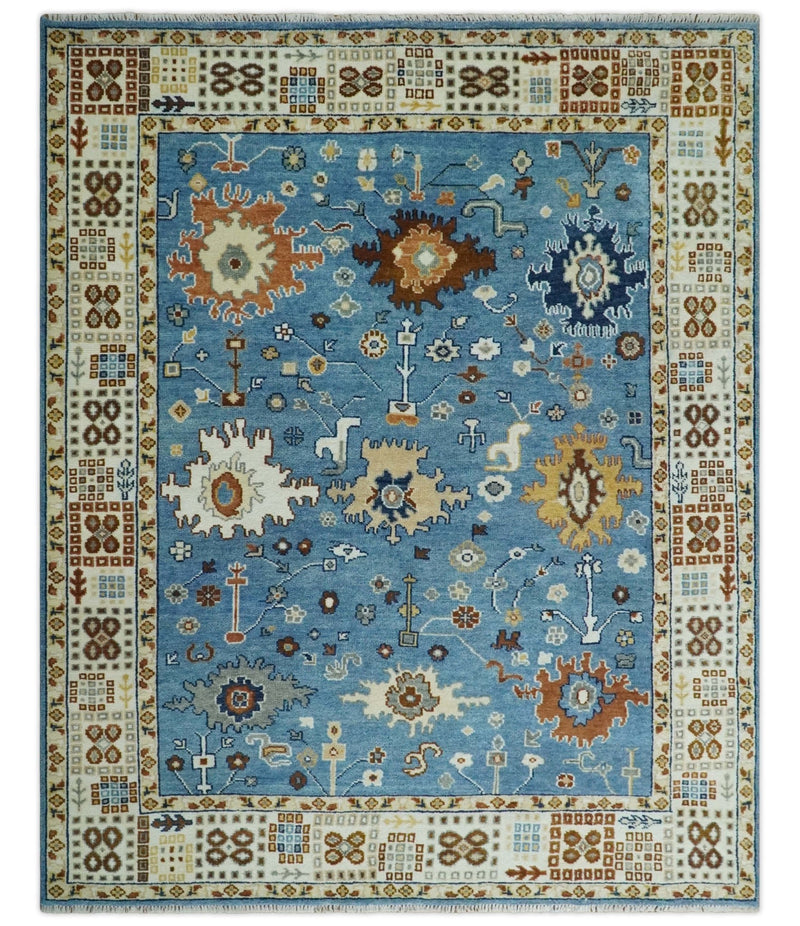 8x10 Wool Traditional Persian Blue and Ivory Colorful Hand knotted Oushak Area Rug | TRDCP1064810 - The Rug Decor