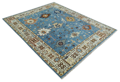 8x10 Wool Traditional Persian Blue and Ivory Colorful Hand knotted Oushak Area Rug | TRDCP1064810 - The Rug Decor