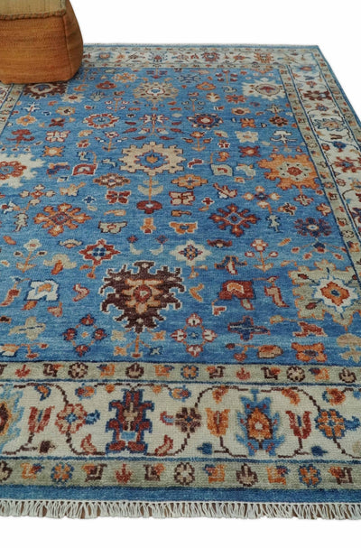 8x10 Wool Traditional Persian Blue and Ivory Vibrant Colorful Hand knotted Oushak Area Rug | TRD2741810S - The Rug Decor