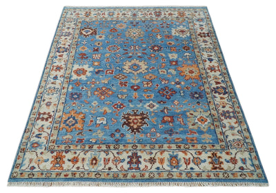 8x10 Wool Traditional Persian Blue and Ivory Vibrant Colorful Hand knotted Oushak Area Rug | TRD2741810S - The Rug Decor