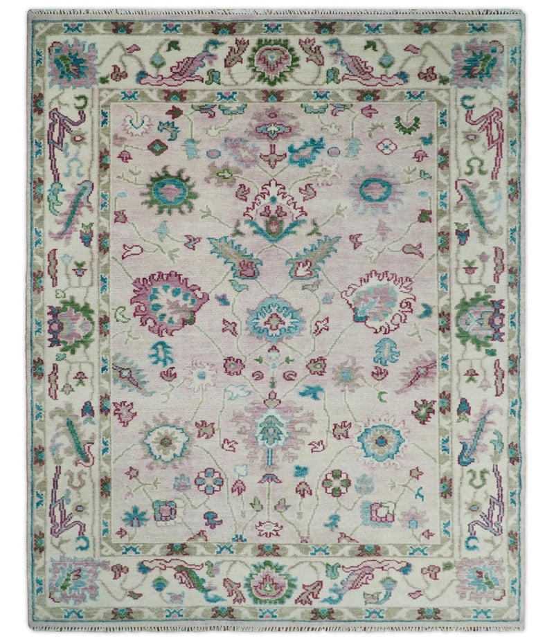 8x10 Wool Traditional Persian Pink and Ivory Vibrant Colorful Hand knotted Oushak Area Rug | TRDCP300810 - The Rug Decor