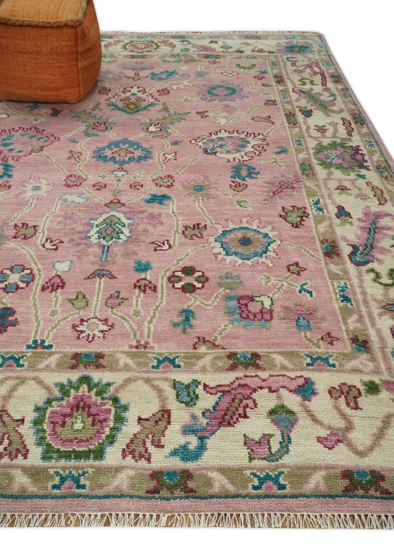 8x10 Wool Traditional Persian Pink and Ivory Vibrant Colorful Hand knotted Oushak Area Rug | TRDCP673810 - The Rug Decor