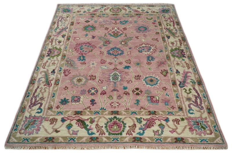 8x10 Wool Traditional Persian Pink and Ivory Vibrant Colorful Hand knotted Oushak Area Rug | TRDCP673810 - The Rug Decor