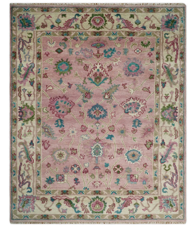 8x10 Wool Traditional Persian Pink and Ivory Vibrant Colorful Hand knotted Oushak Area Rug | TRDCP673810 - The Rug Decor